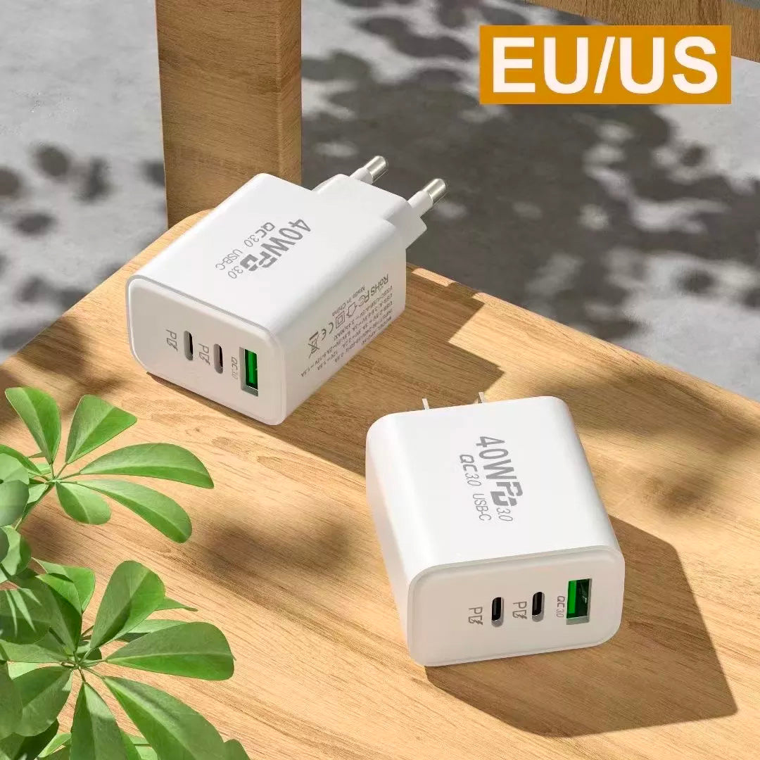 40W USB-C Fast Wall Charger, Adapter with Dual USB C and one USB A Port