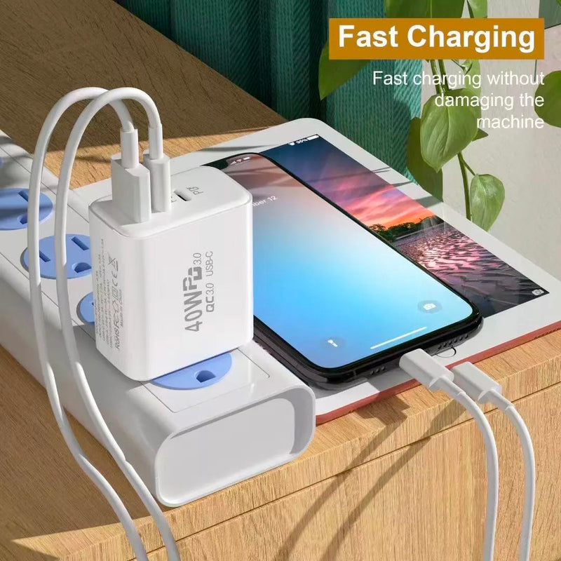 40W USB-C Fast Wall Charger, Adapter with Dual USB C and one USB A Port