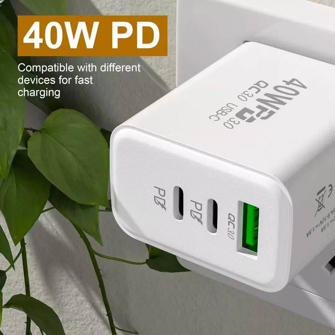 40W USB-C Fast Wall Charger, Adapter with Dual USB C and one USB A Port