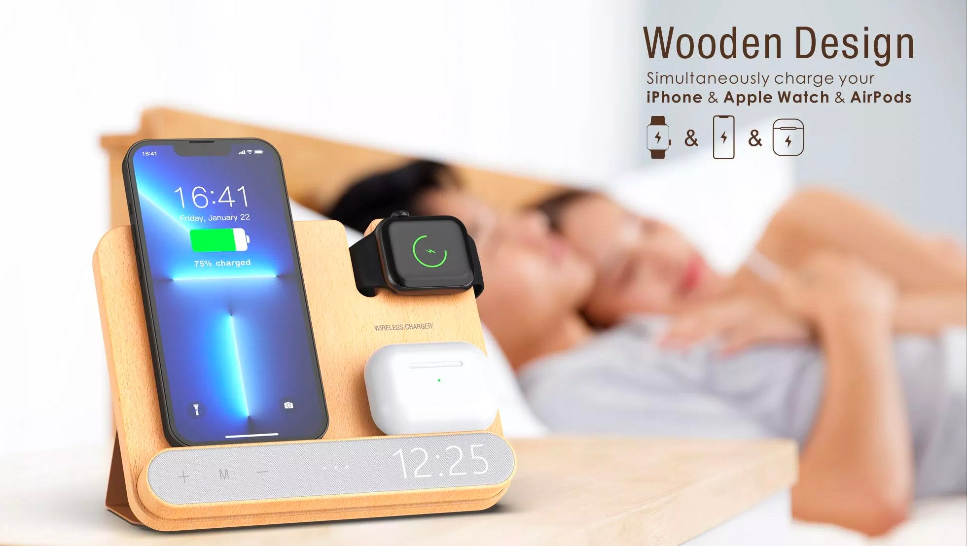 4 in 1 MagSafe Wireless Charger for Mobile Phone, Apple Watch & Earphone with Alarm Clock