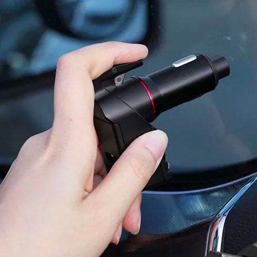 Emergency car escape tool with window breaker, seat belt cutter, USB charger