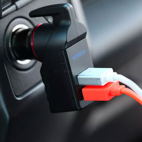 Emergency car escape tool with window breaker, seat belt cutter, USB charger
