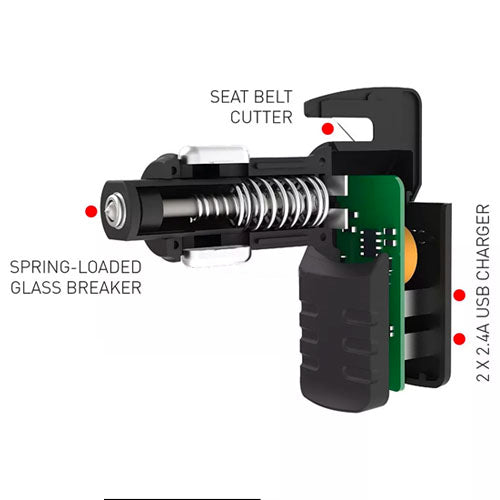 Emergency car escape tool with window breaker, seat belt cutter, USB charger